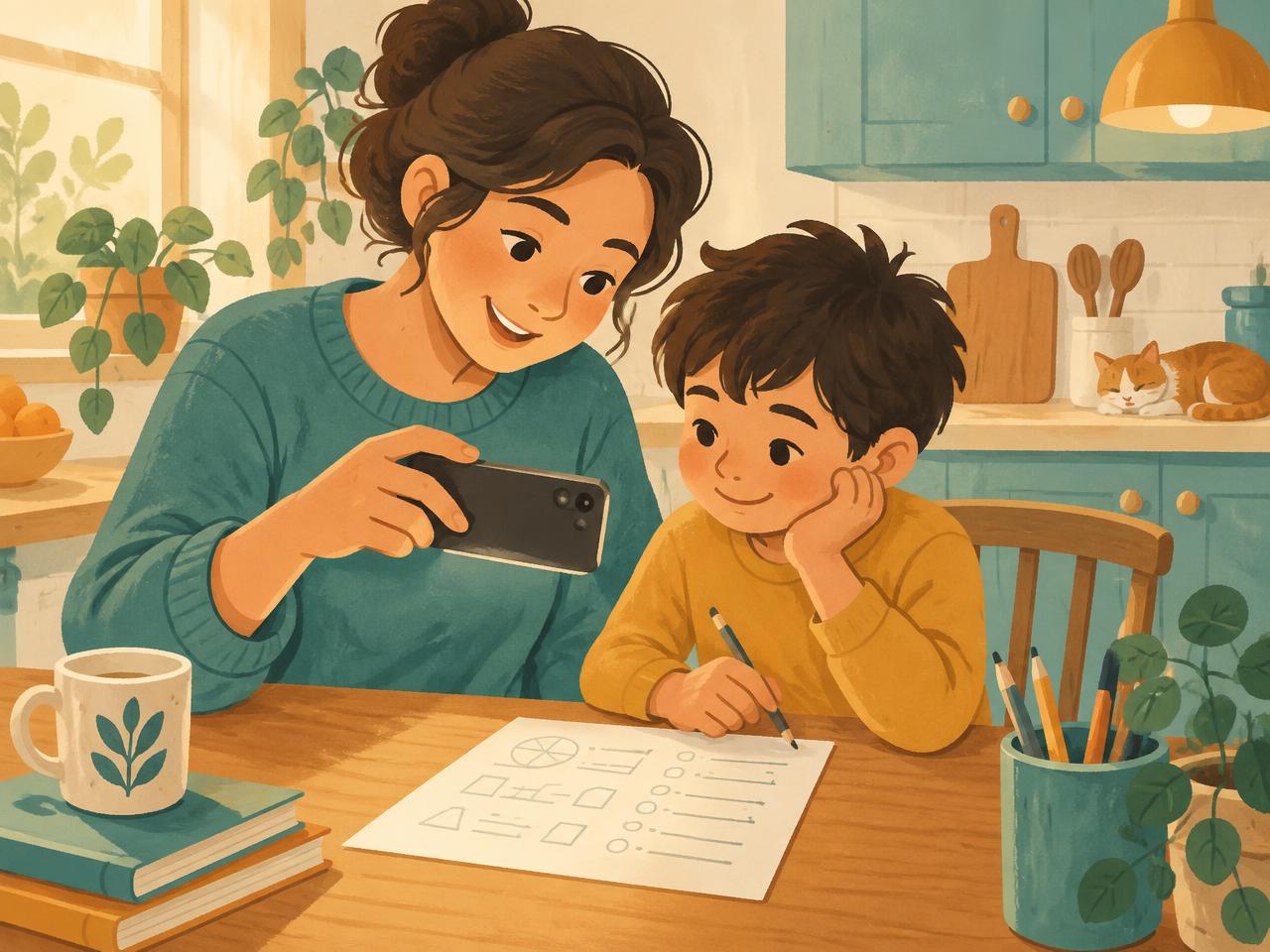 A parent taking a photo of a child's homework at the kitchen table